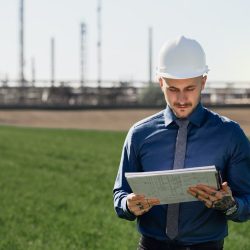 Young engineer with hard hat and tablet standing outdoors by oil refinery